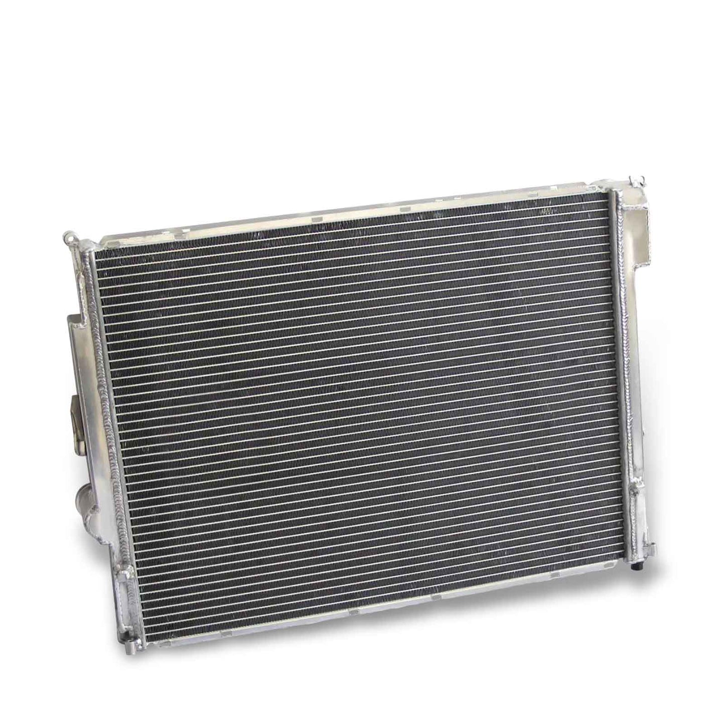 Rear view of the high-performance 2-row aluminum radiator for the BMW E46 and Z4, designed specifically for manual transmission models.