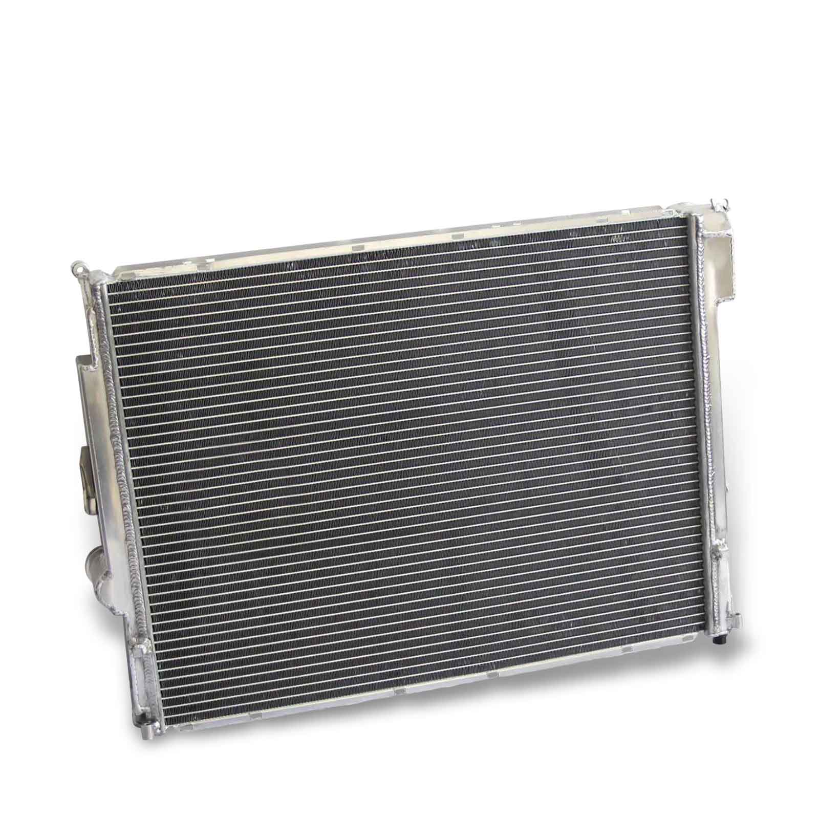 Rear view of the high-performance 2-row aluminum radiator for the BMW E46 and Z4, designed specifically for manual transmission models.