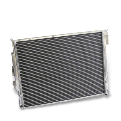 Rear view of the high-performance 2-row aluminum radiator for the BMW E46 and Z4, designed specifically for manual transmission models.