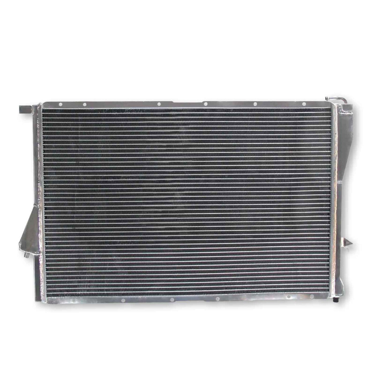 Rear view of the high-performance 2-row aluminum radiator for the BMW E39, E38, and Z8 models, showing precision mounting points and connections.