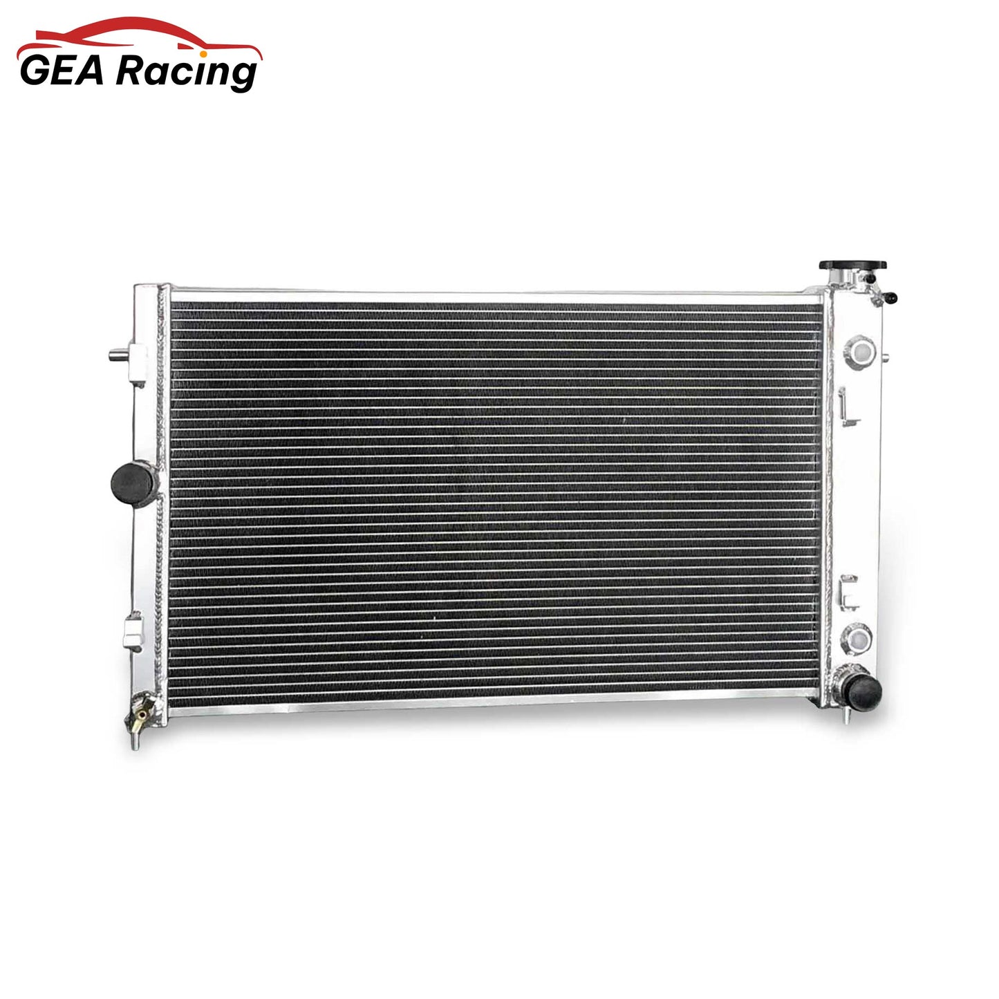 Front view of 2 Row Aluminum Radiator for 2005-2006 Pontiac GTO Base V8 6.0L AT/MT, showcasing cooling fins and inlet/outlet ports.