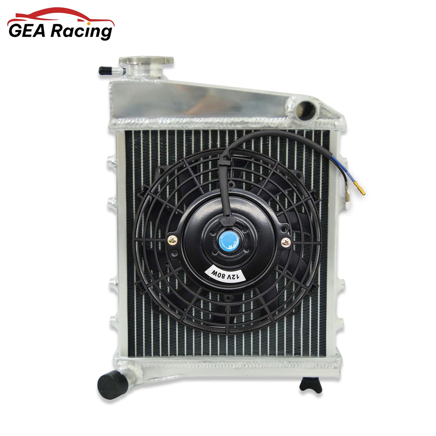 The optional 2-row radiator and fan shroud kit for the classic Mini, featuring a high-performance slim electric fan.
