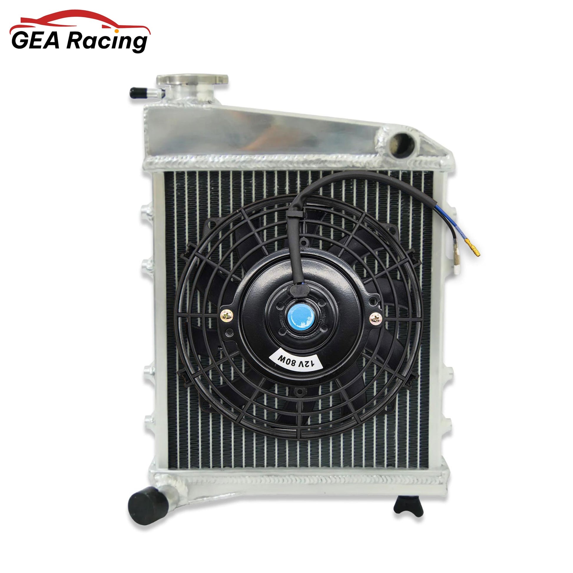 The optional 2-row radiator and fan shroud kit for the classic Mini, featuring a high-performance slim electric fan.