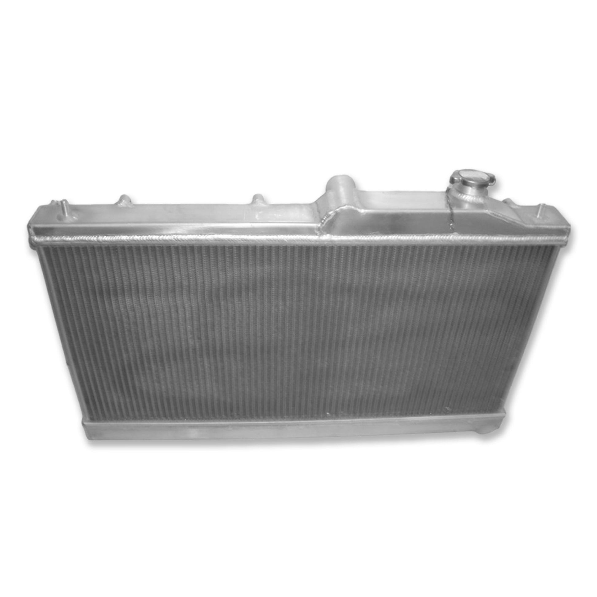 Top-down view of the 2-row radiator for a Subaru WRX/STI (GR/GV), showing the filler neck and hose connections.