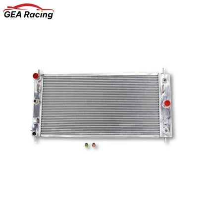 Front view of a 3-row full aluminum radiator for a 2004-2010 Chevrolet Malibu, Pontiac G6, and Saturn Aura with a 3.5L V6 engine, fits both AT & MT.