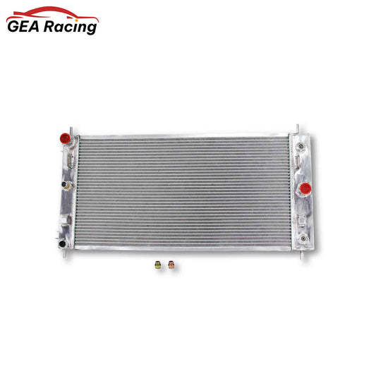 Front view of a 3-row full aluminum radiator for a 2004-2010 Chevrolet Malibu, Pontiac G6, and Saturn Aura with a 3.5L V6 engine, fits both AT & MT.