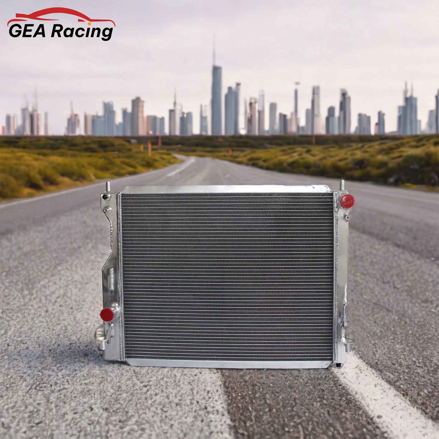 3 Row Aluminum Radiator for 2005-2014 Ford Mustang Bullitt, GT, Lujo, ST 3.7L V6 & 5.0L V8, high-performance cooling system, front angled view display