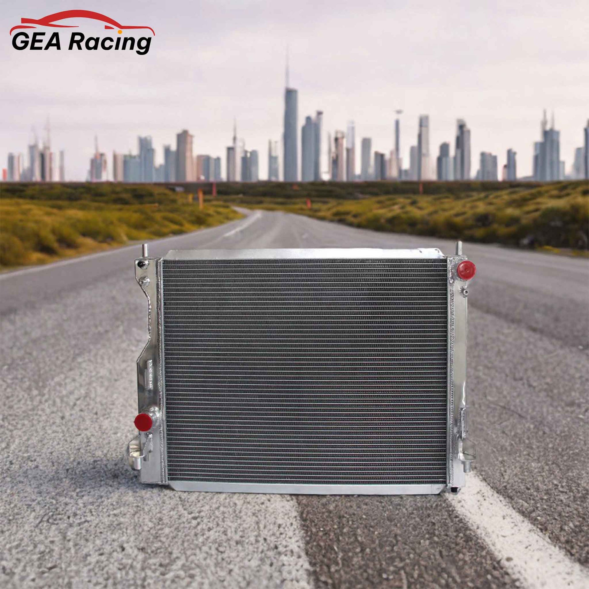 3 Row Aluminum Radiator for 2005-2014 Ford Mustang Bullitt, GT, Lujo, ST 3.7L V6 & 5.0L V8, high-performance cooling system, front angled view display