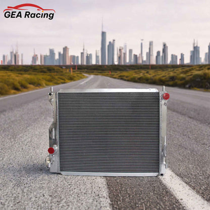 3 Row Aluminum Radiator for 2005-2014 Ford Mustang Bullitt, GT, Lujo, ST 3.7L V6 & 5.0L V8, high-performance cooling system, front angled view display