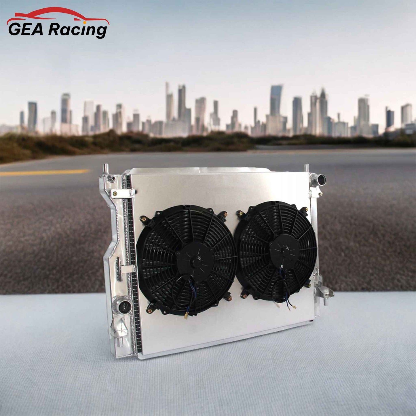 3 Row Aluminum Radiator with Fan Shroud for 2005-2014 Ford Mustang GT 3.7L V6 & 5.0L V8, high-performance cooling system, front angled view display