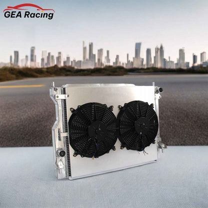 3 Row Aluminum Radiator with Fan Shroud for 2005-2014 Ford Mustang GT 3.7L V6 & 5.0L V8, high-performance cooling system, front angled view display