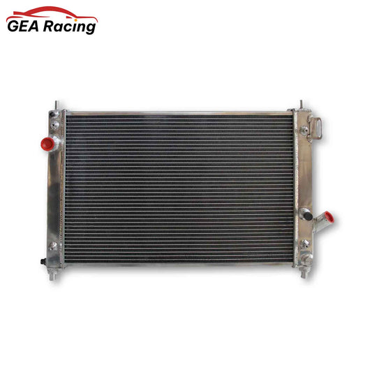 Front view of a 3-row full aluminum radiator for a 2009-2015 Chevrolet Aveo, Aveo5, Pontiac G3, and Wave with a 1.6L L4 engine, fits both AT & MT.