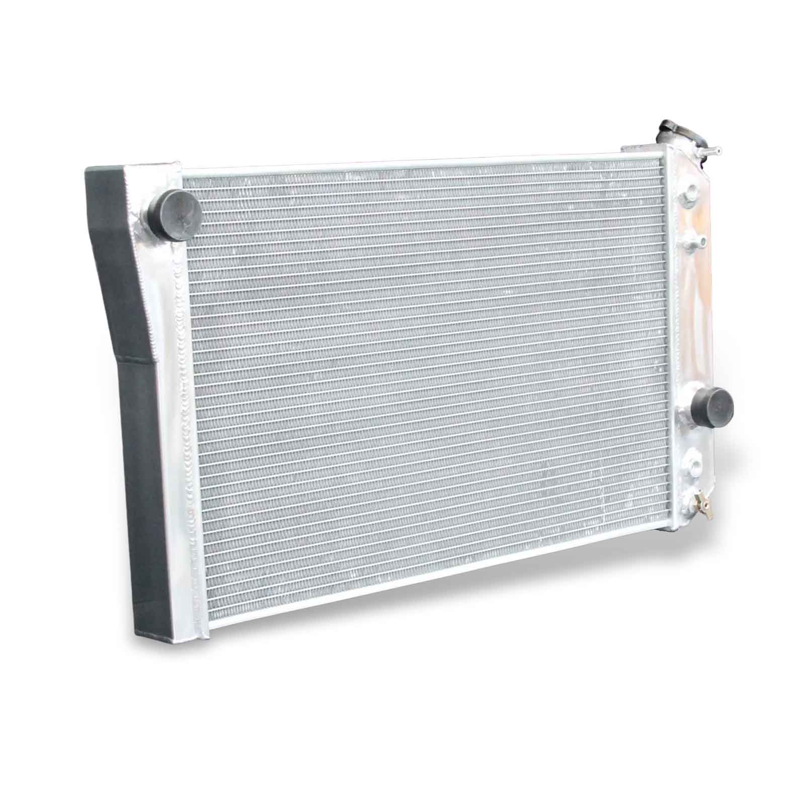 Left side profile of the 52mm 3-row aluminum radiator for the 1984-1990 Chevy Corvette, displaying the driver-side inlet/outlet and tank thickness.