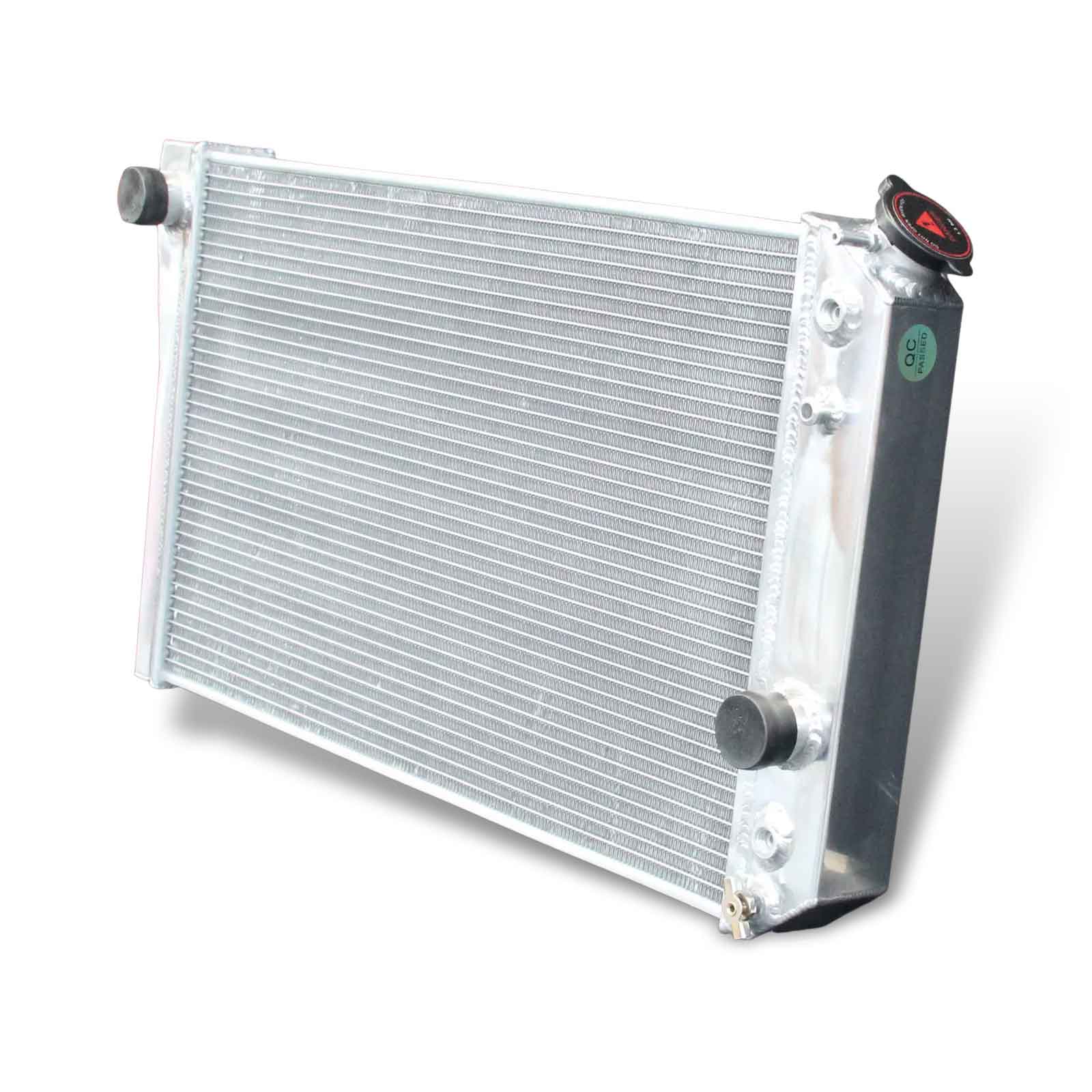 Right side profile of the 52mm 3-row aluminum radiator for the 1984-1990 Chevy Corvette, showing the passenger-side connections and drain plug.