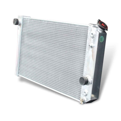 Right side profile of the 52mm 3-row aluminum radiator for the 1984-1990 Chevy Corvette, showing the passenger-side connections and drain plug.