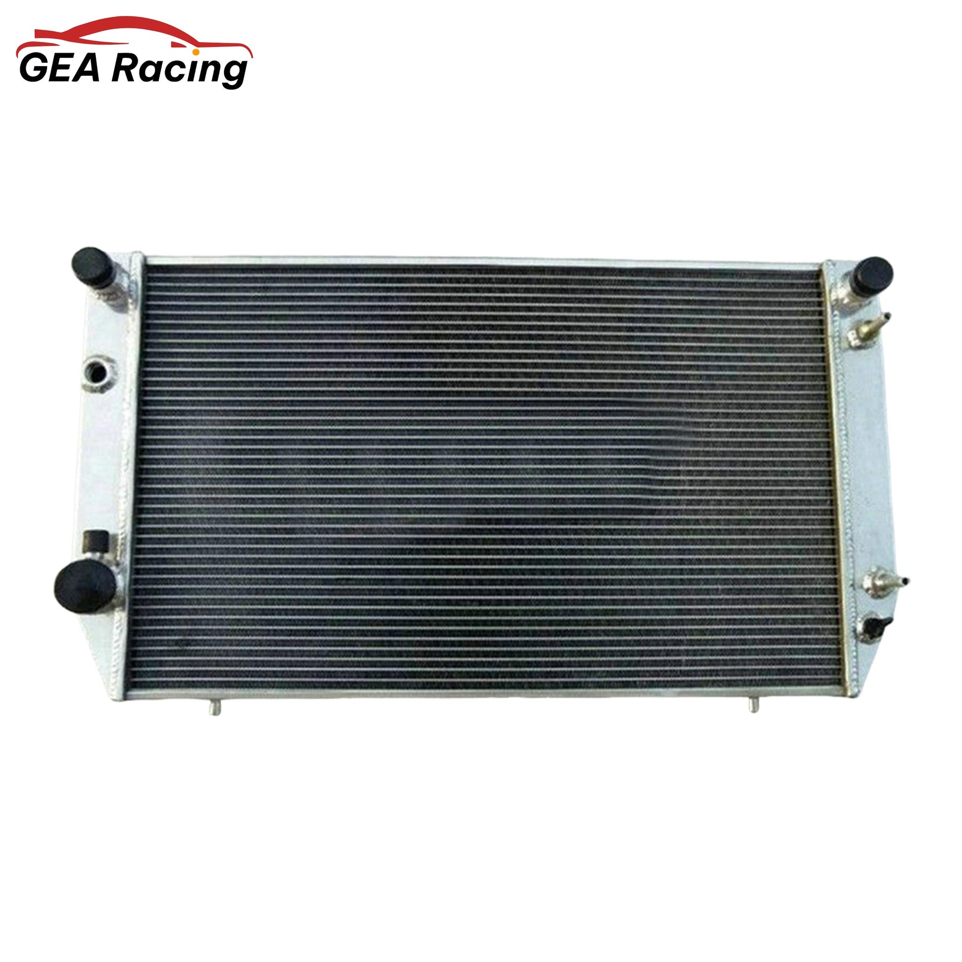 Front view of a 3-row 62mm full aluminum radiator for the 1976-1996 Jaguar XJS V12 5.3L & 6.0L, showing cooling fins and core.
