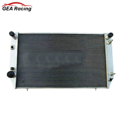 Front view of a 3-row 62mm full aluminum radiator for the 1976-1996 Jaguar XJS V12 5.3L & 6.0L, showing cooling fins and core.