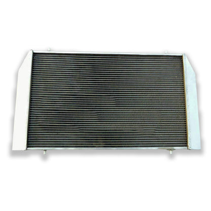 Rear view of the 3-row 62mm aluminum radiator for Jaguar XJS V12, highlighting the inlet and outlet ports for AT/MT.