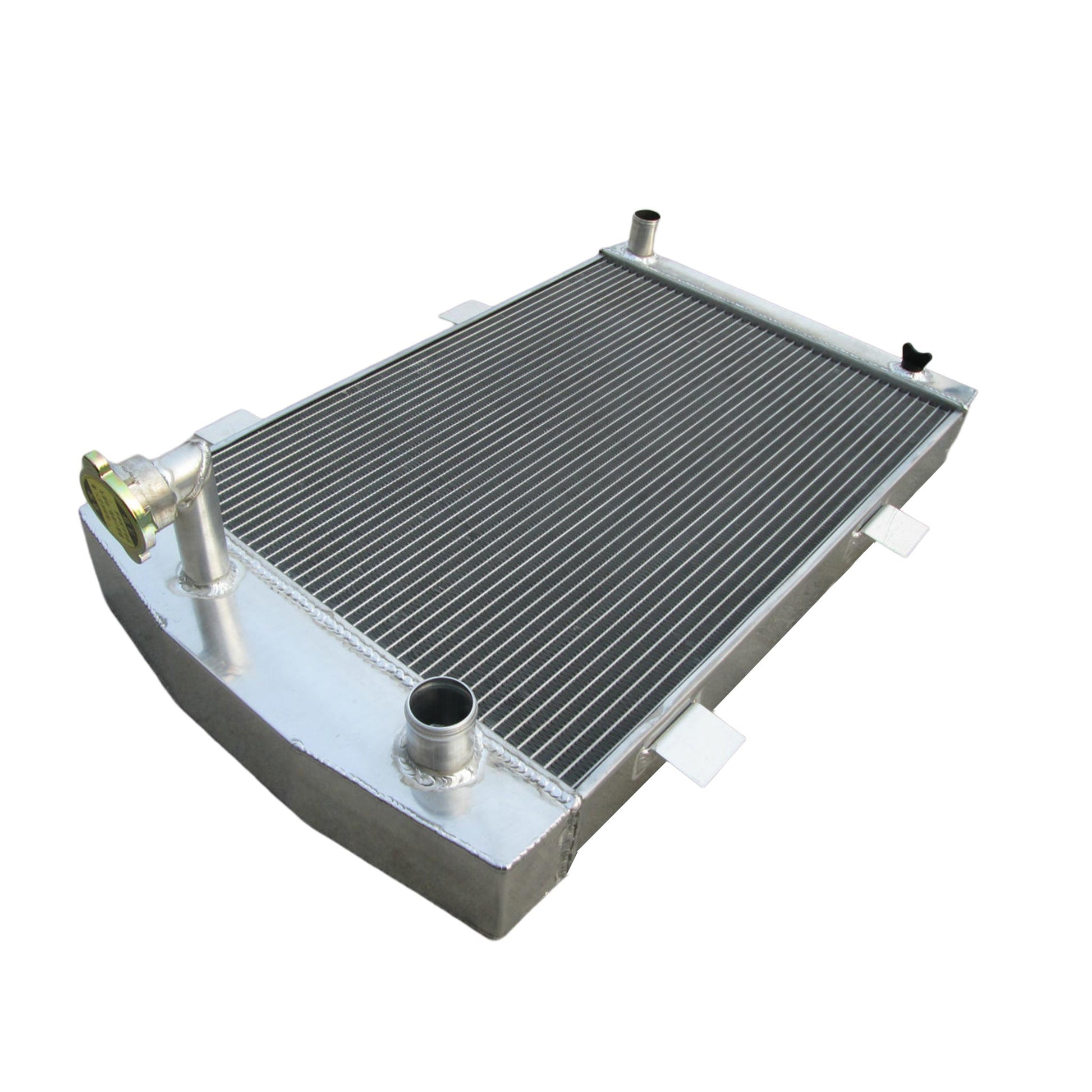 Top-down view of the 62mm radiator for a 1935 Custom Chevy, featuring the filler neck and showcasing its thickness.