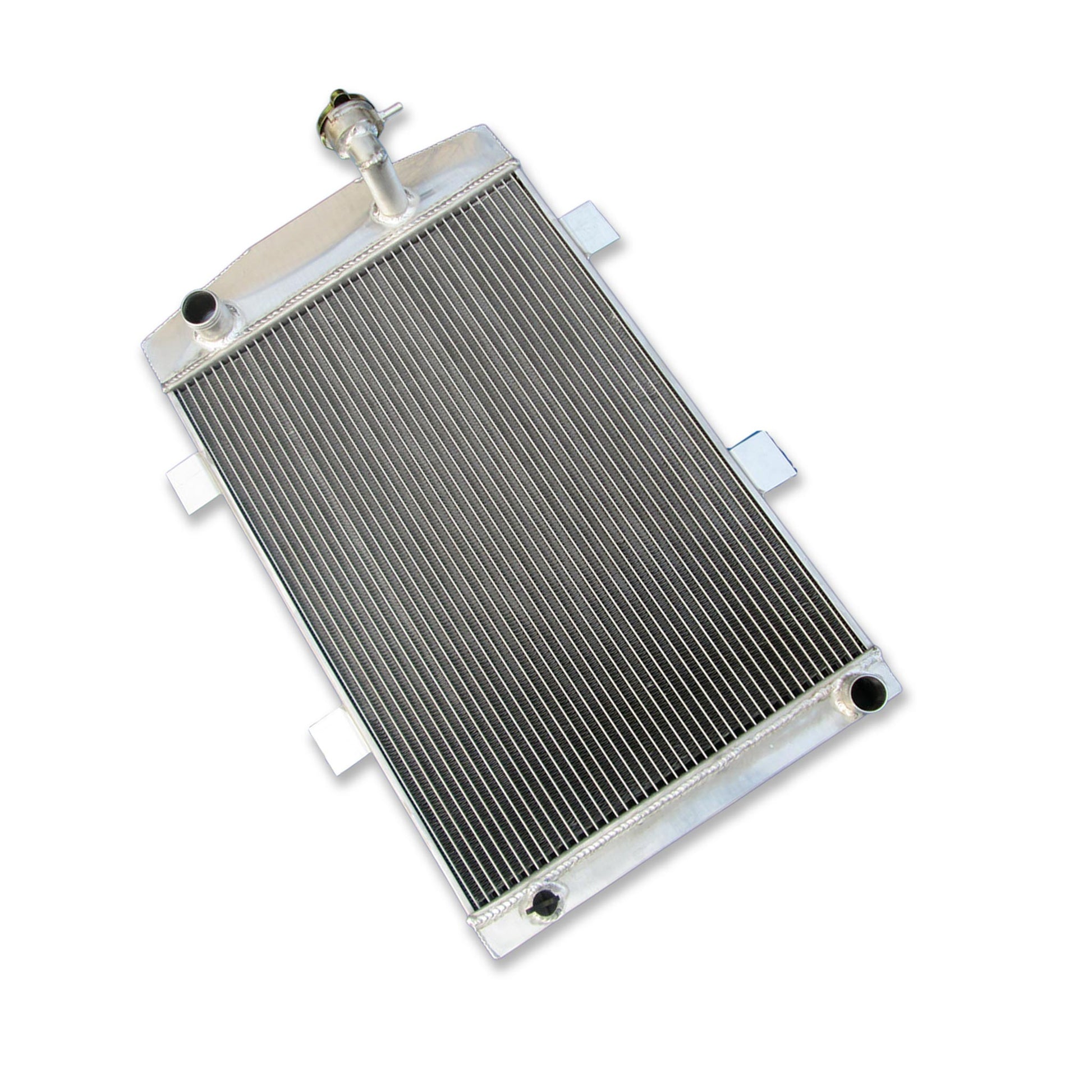 Left side of the thick 62mm aluminum radiator for a 1936 Custom Chevy with a 350 V8, highlighting the inlet port.