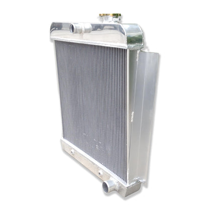 Right side profile of the aluminum radiator for a 1956 Chevy pickup, showing the passenger-side port and sturdy construction.