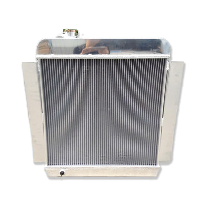 Back view of the 3-row aluminum radiator for 55-59 Chevy trucks, highlighting the mounting brackets and fin structure.
