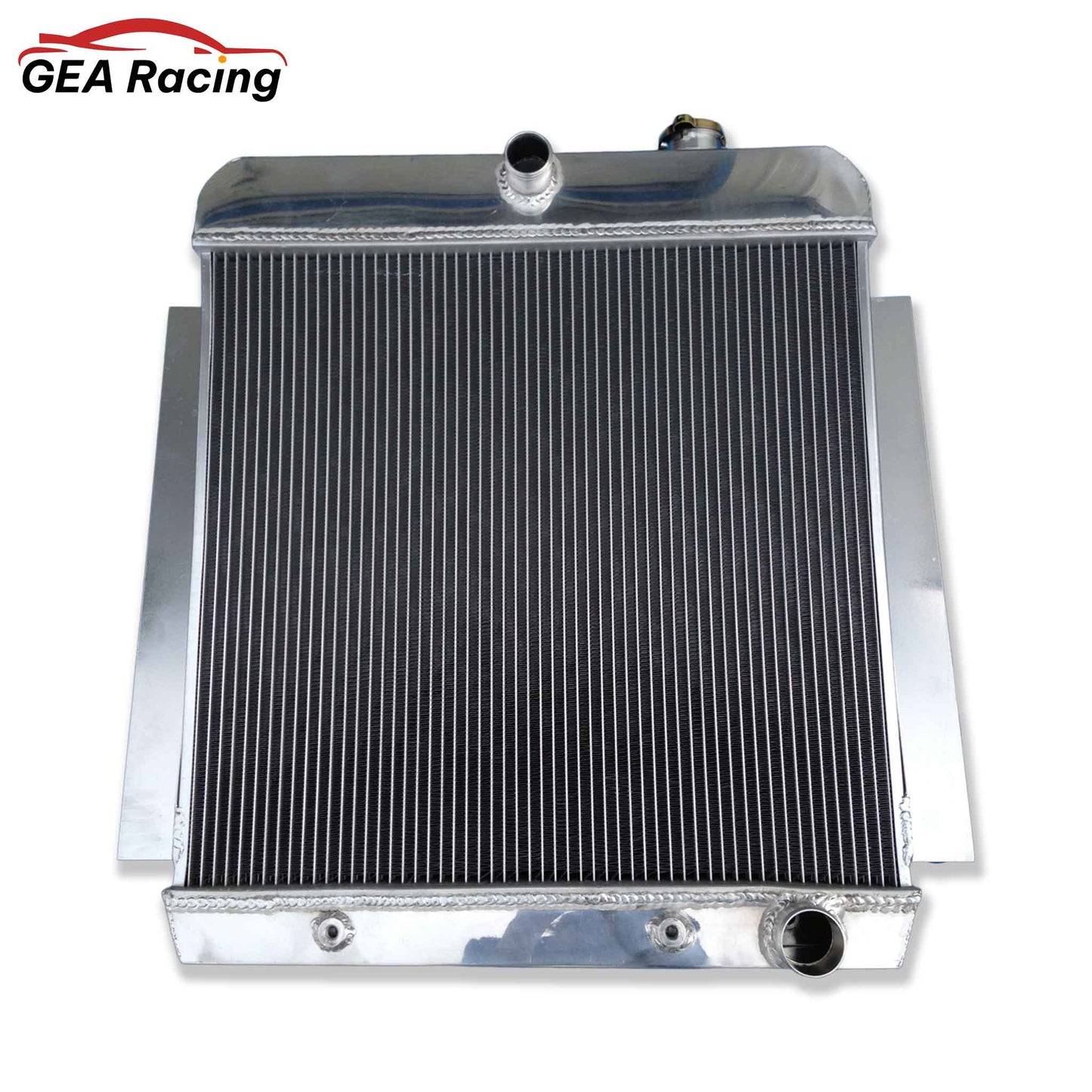 Front view of the 3-row aluminum radiator for a 1955-1959 Chevy V8 pickup truck, showing the core and tank design.