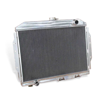 Detailed close-up of the TIG-welded tanks and high-density cooling fins on the 3 Row Aluminum Radiator for 1958-1974 AMC V8s.