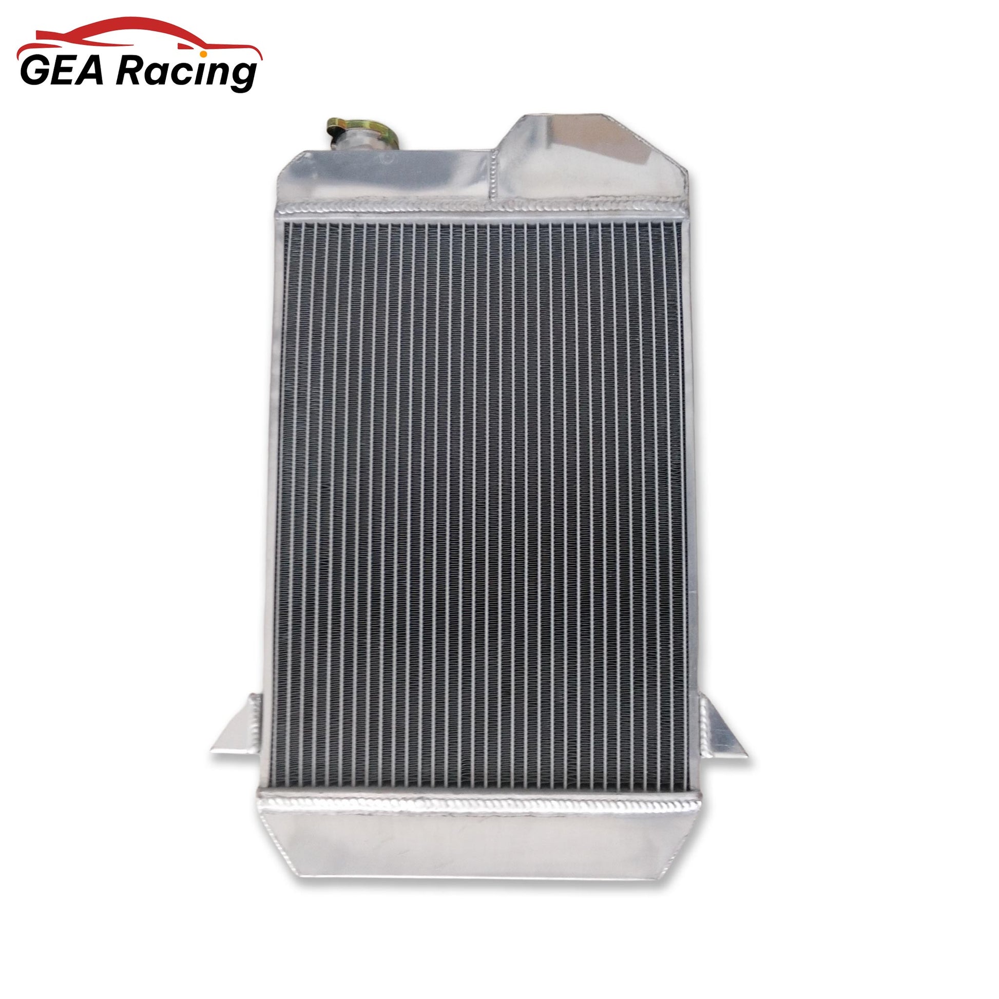 Back view of the 3-row aluminum radiator for a 61-65 Triumph TR4, showing the core and mounting points.