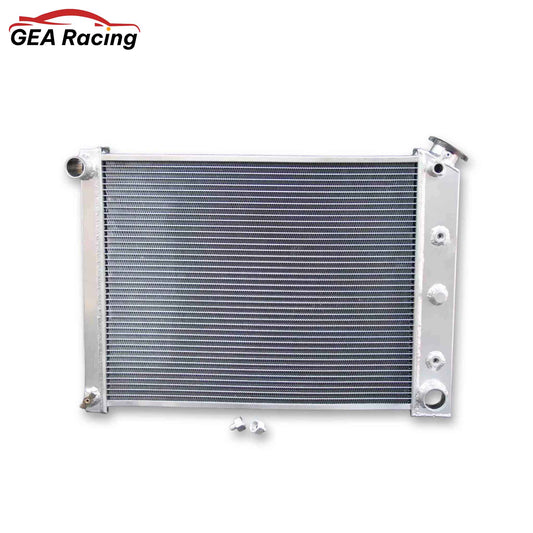 Front view of a 3 row aluminum radiator for 1968-1979 Chevrolet Camaro, El Camino, Nova, and GMC Sprint with 4.1L L6 engine.
