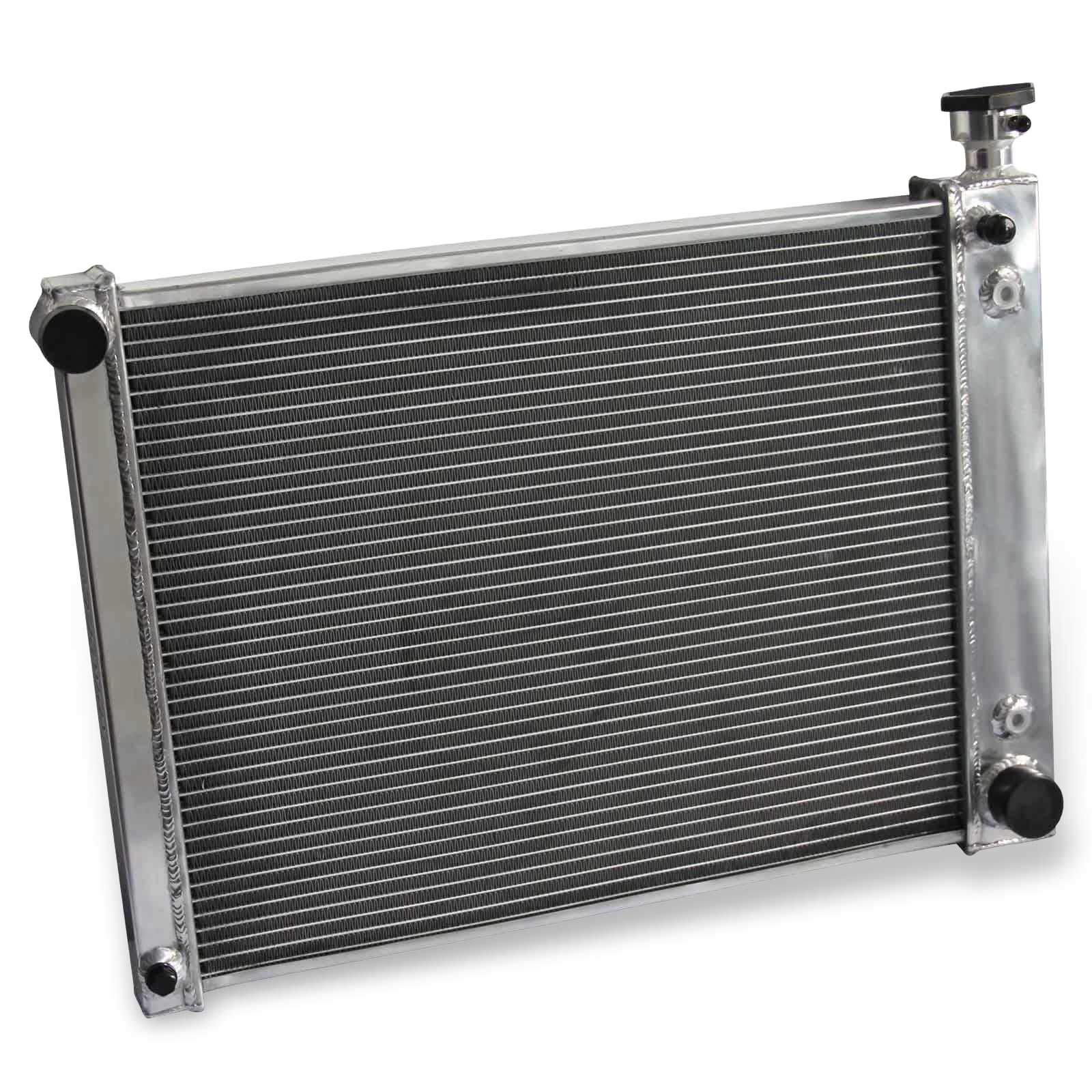 Left side profile of the 3 Row Aluminum Radiator, highlighting the core thickness and mounting brackets for 1988-1995 GMC Sierra & Chevy Silverado C/K trucks.