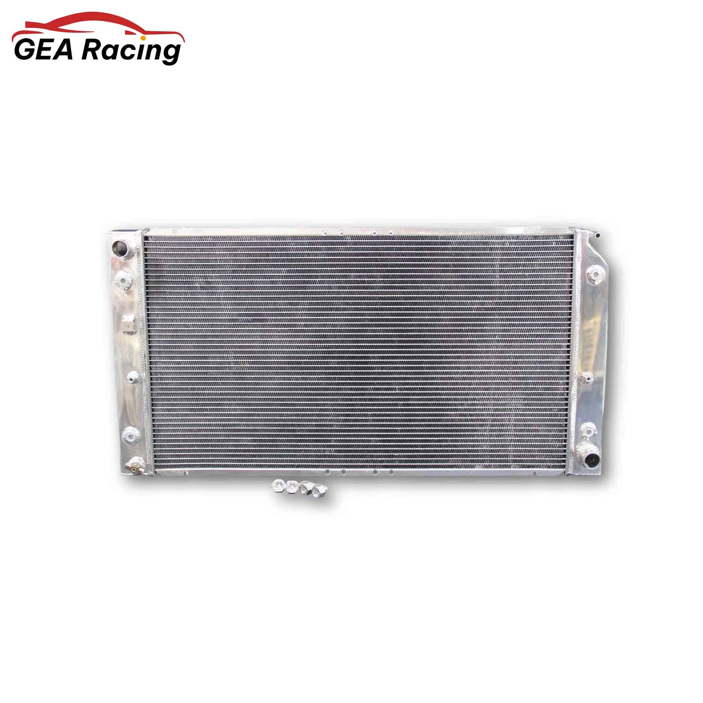 Front view of the 3-row aluminum radiator designed to fit the 1994-96 Chevrolet Impala and Buick Commercial Chassis with a V8 engine, highlighting the high-density core.