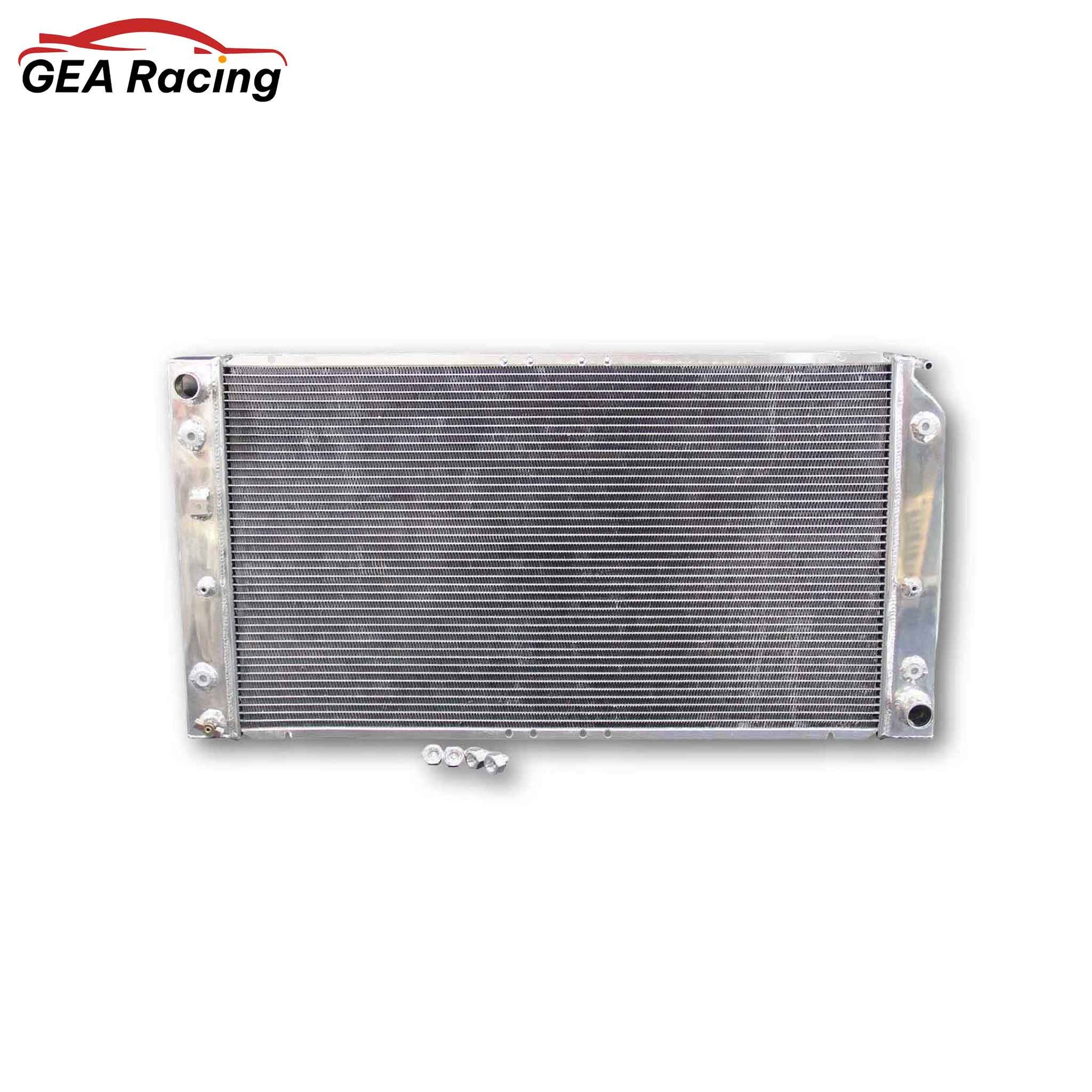 Front view of the 3-row aluminum radiator designed to fit the 1994-96 Chevrolet Impala and Buick Commercial Chassis with a V8 engine, highlighting the high-density core.