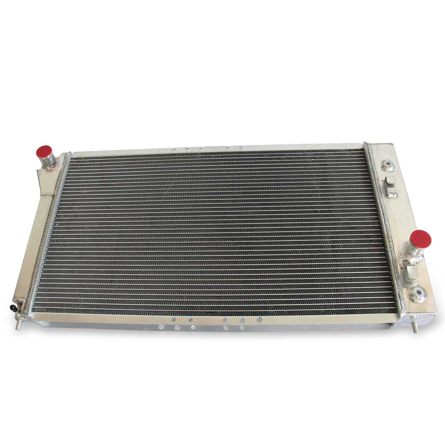 Top view of the 3 Row Aluminum Radiator for a 95-02 Cavalier/Sunfire, showing the filler neck, mounting points, and all-aluminum construction.