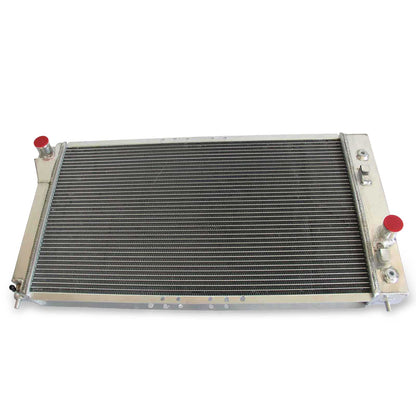 Top view of the 3 Row Aluminum Radiator for a 95-02 Cavalier/Sunfire, showing the filler neck, mounting points, and all-aluminum construction.