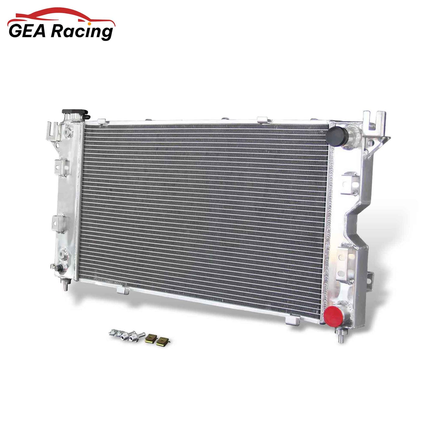 Right side profile of the high-performance 3 Row Aluminum Radiator designed for 1996-2000 Chrysler Grand Voyager and its Dodge/Plymouth counterparts.
