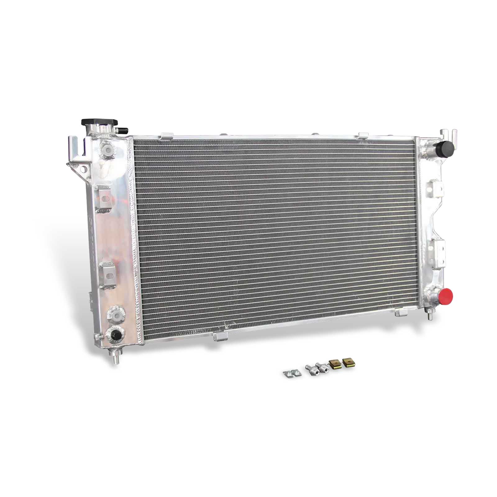 Left side profile of the 3 Row Aluminum Radiator, showing the core thickness and robust tank design for a 1996-2000 Plymouth Voyager or Dodge Caravan.