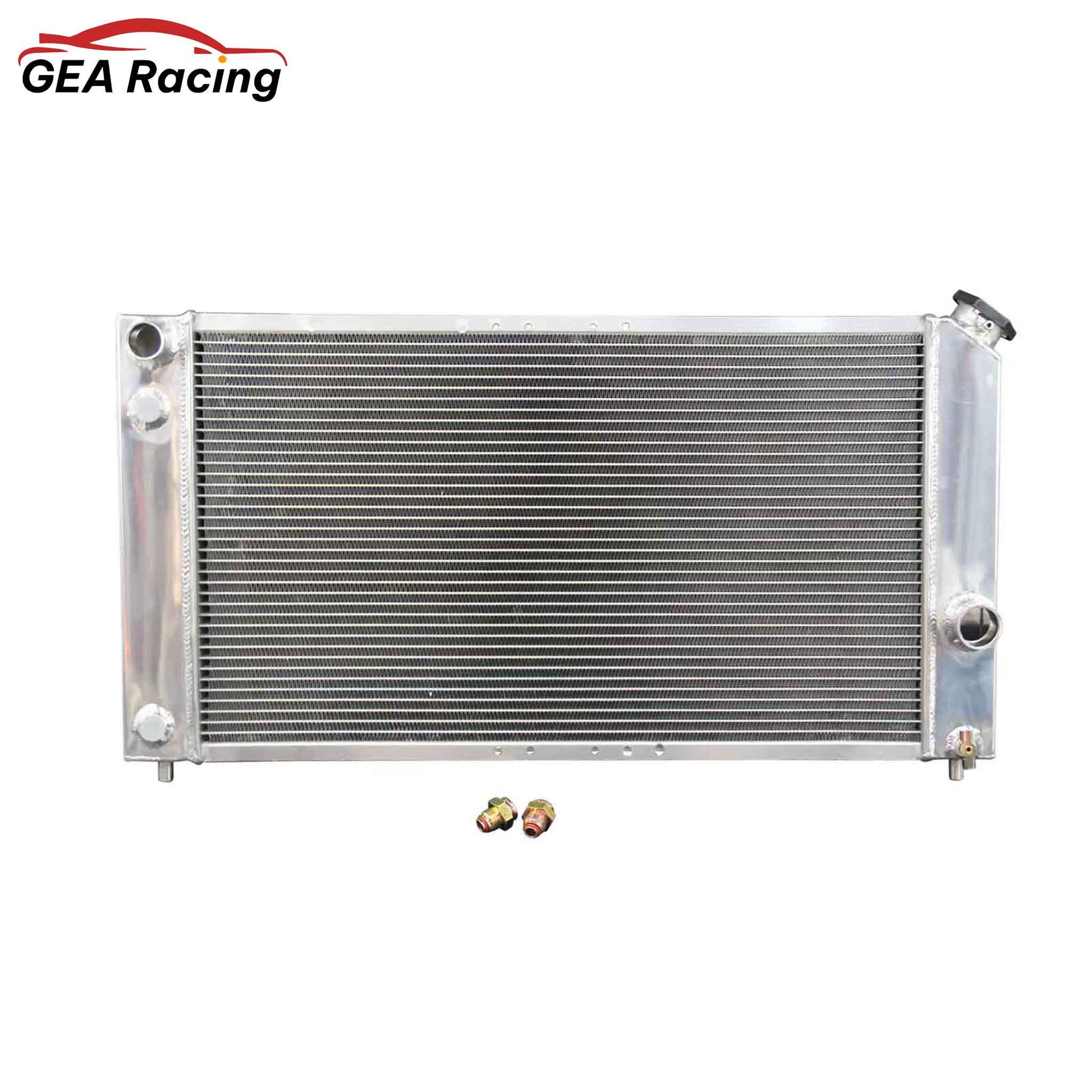 Front view of the 3 Row Aluminum Radiator for 1996-2005 Chevy Blazer, S10, GMC Jimmy, & Isuzu Hombre with the 4.3L V6 engine, fits AT/MT.