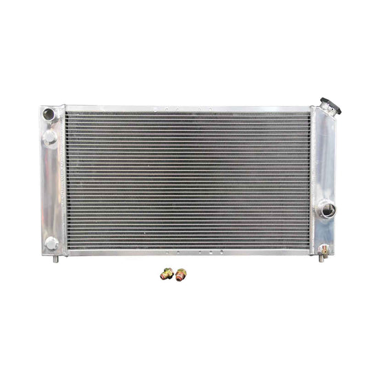 Front view of the 3 Row Aluminum Radiator for 1996-2005 Chevy Blazer, S10, GMC Jimmy, & Isuzu Hombre with the 4.3L V6 engine, fits AT/MT.