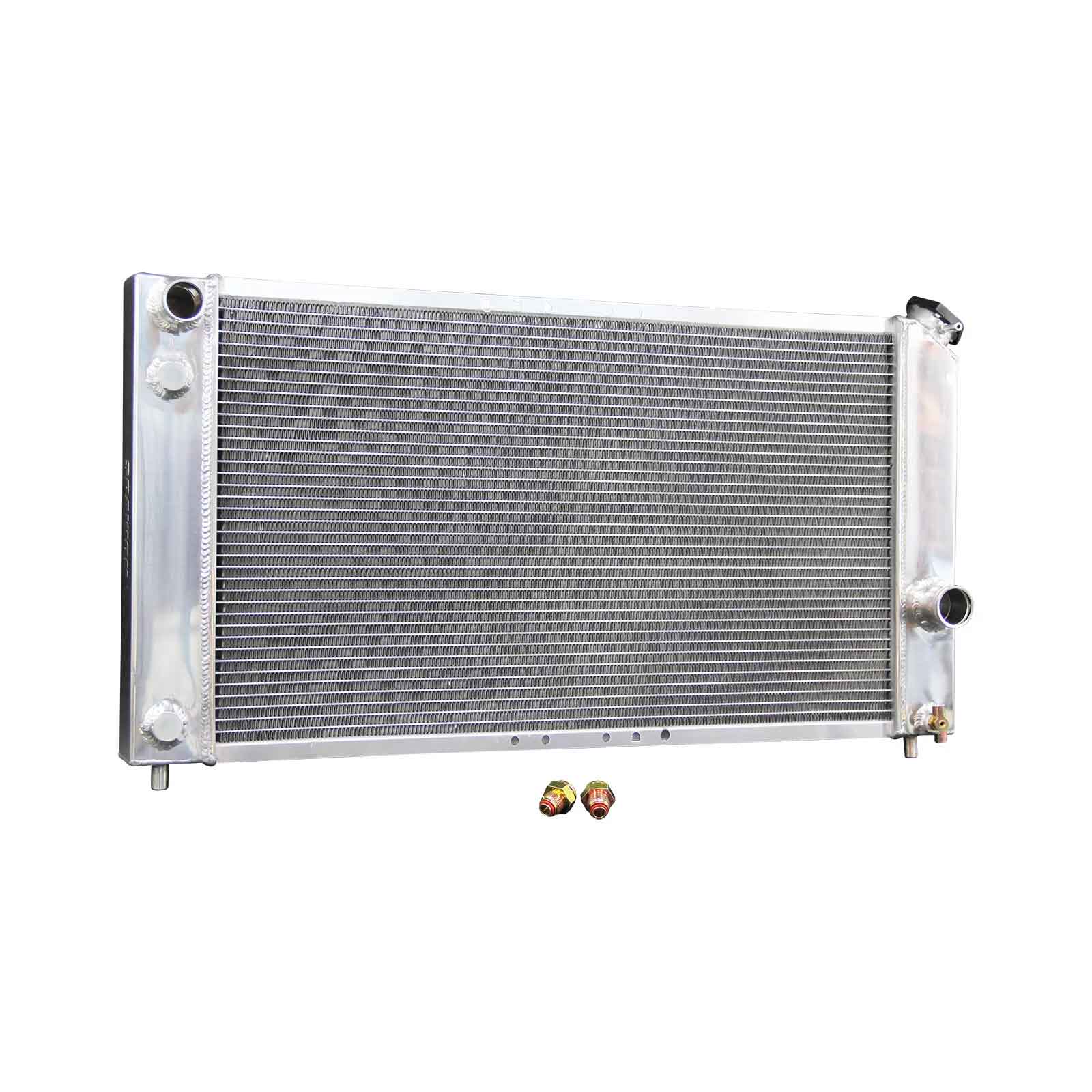 Left side profile of the 3 Row Aluminum Radiator, showing the core thickness and robust construction for a 1997-2000 GMC Jimmy or Chevy Blazer 4.3L V6.