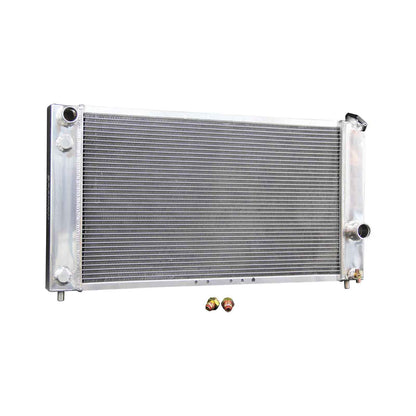 Left side profile of the 3 Row Aluminum Radiator, showing the core thickness and robust construction for a 1997-2000 GMC Jimmy or Chevy Blazer 4.3L V6.