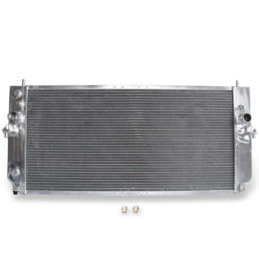 Front view of the 3 Row Aluminum Radiator for a 2000-05 Cadillac DeVille or 01-03 Oldsmobile Aurora with the 4.6L Northstar V8 engine.