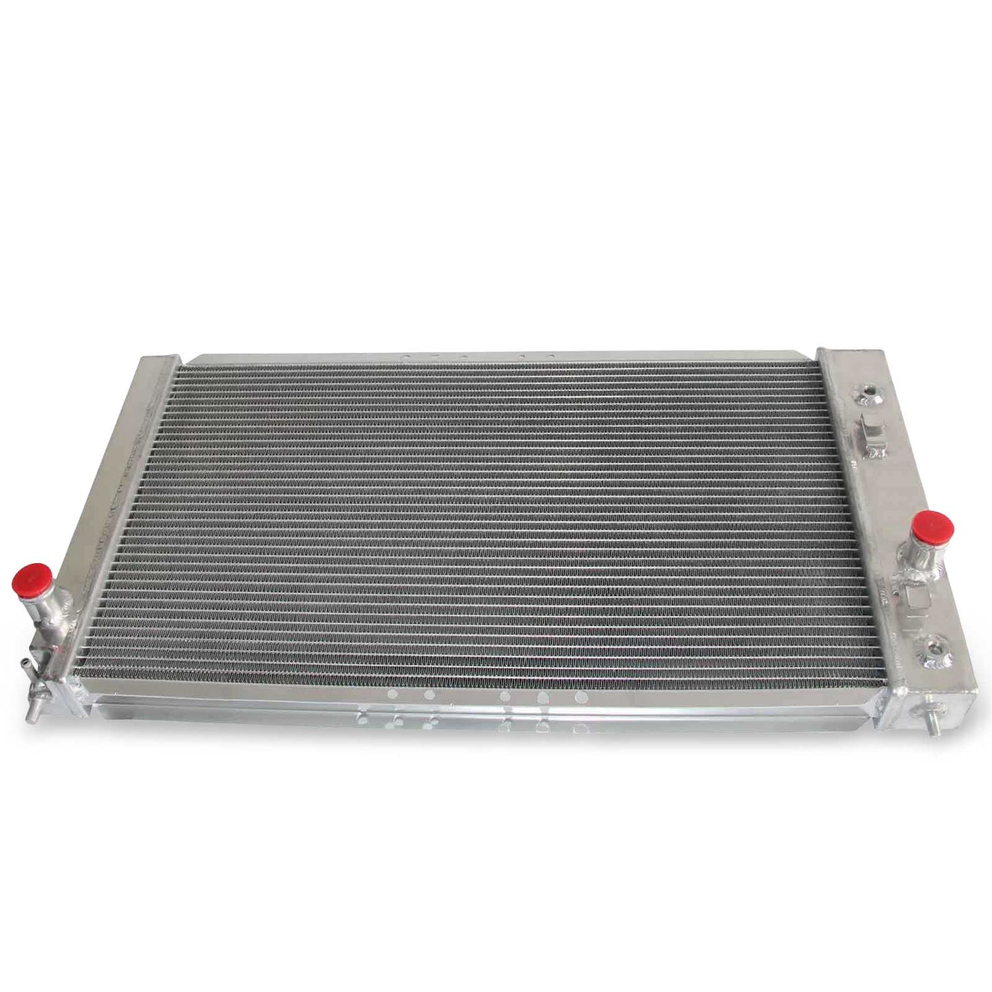 Top view of the 3 Row Aluminum Radiator for a 02-05 Cavalier/Sunfire, showing the filler neck, fan shroud mounts, and all-aluminum construction.
