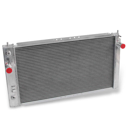 Left side profile of the 3 Row Aluminum Radiator, showing the robust core thickness for a 2002-2005 Chevy Cavalier or Pontiac Sunfire.