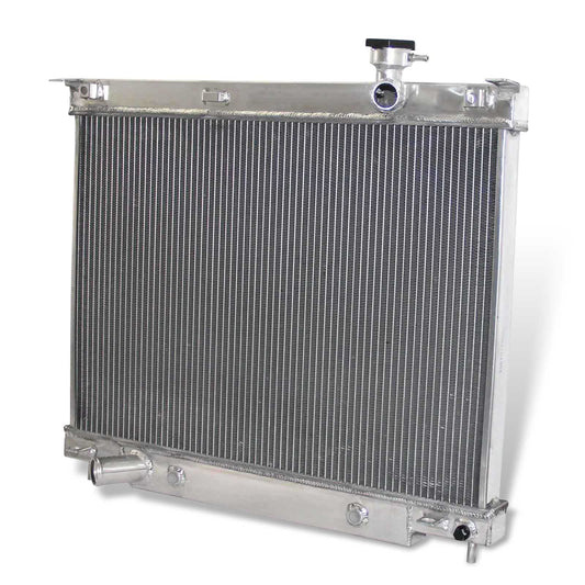 Right side profile of the high-performance 3 Row Aluminum Radiator designed for the 2002-2009 Chevrolet Trailblazer and GMC Envoy.