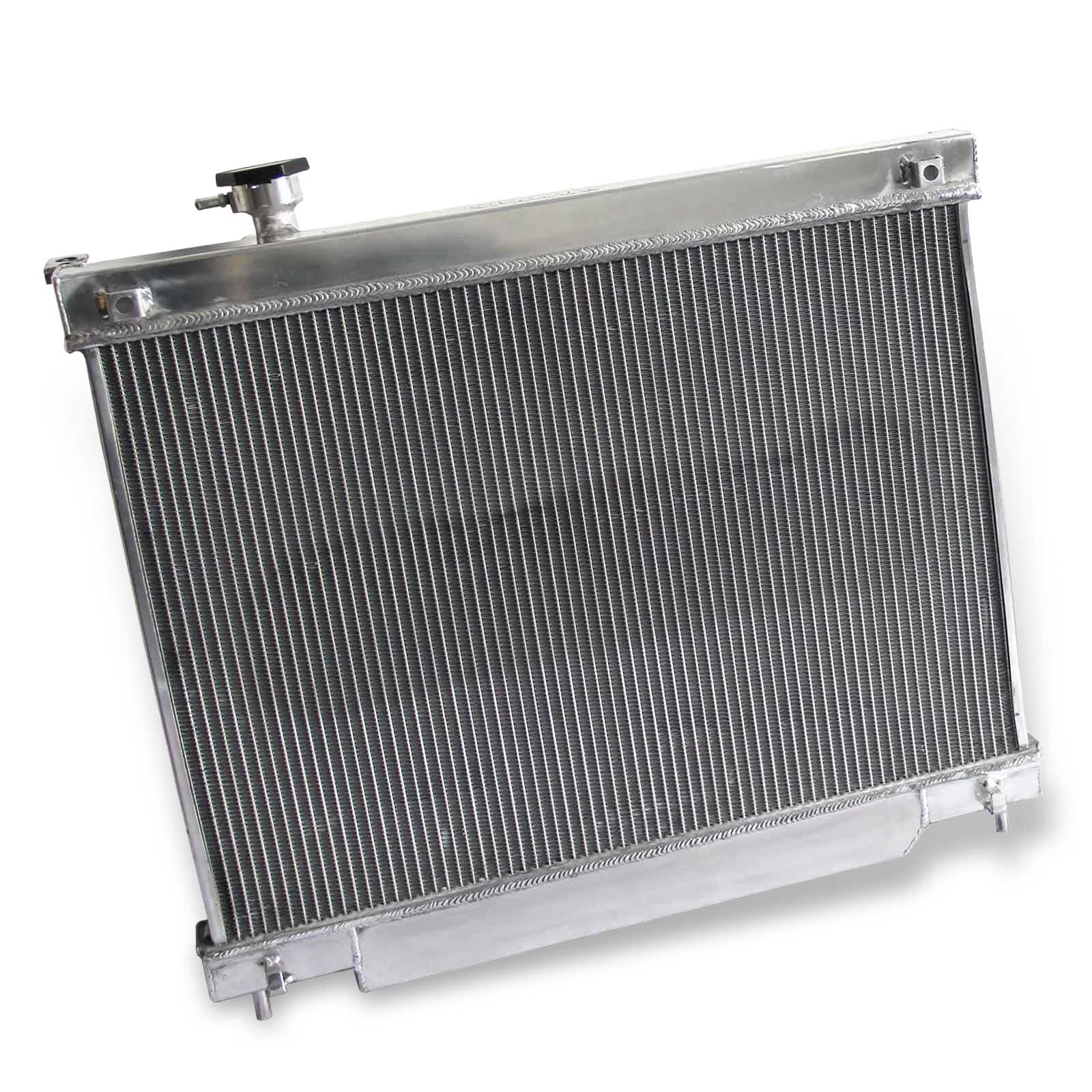 Rear view of the 3 Row Aluminum Radiator for a Chevy Trailblazer/GMC Envoy, highlighting the integrated automatic transmission cooler ports.