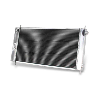 Rear view of the high-performance 3-row aluminum radiator for the 04-10 Chevy Malibu, Pontiac G6, Saturn Aura 3.5L, showing transmission cooler connections.