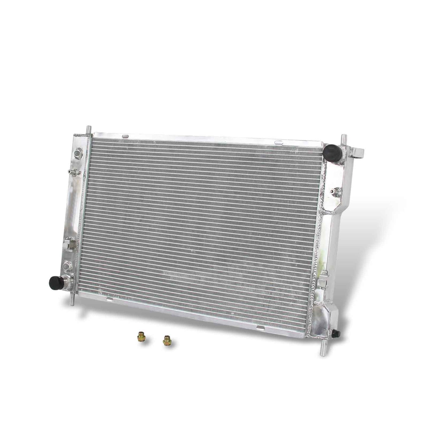 Right side view showcasing the inlet and outlet ports of the 3-row aluminum radiator for 2008-2017 Chevrolet Equinox and GMC Terrain with both 2.4L L4 and 3.6L V6 engines.