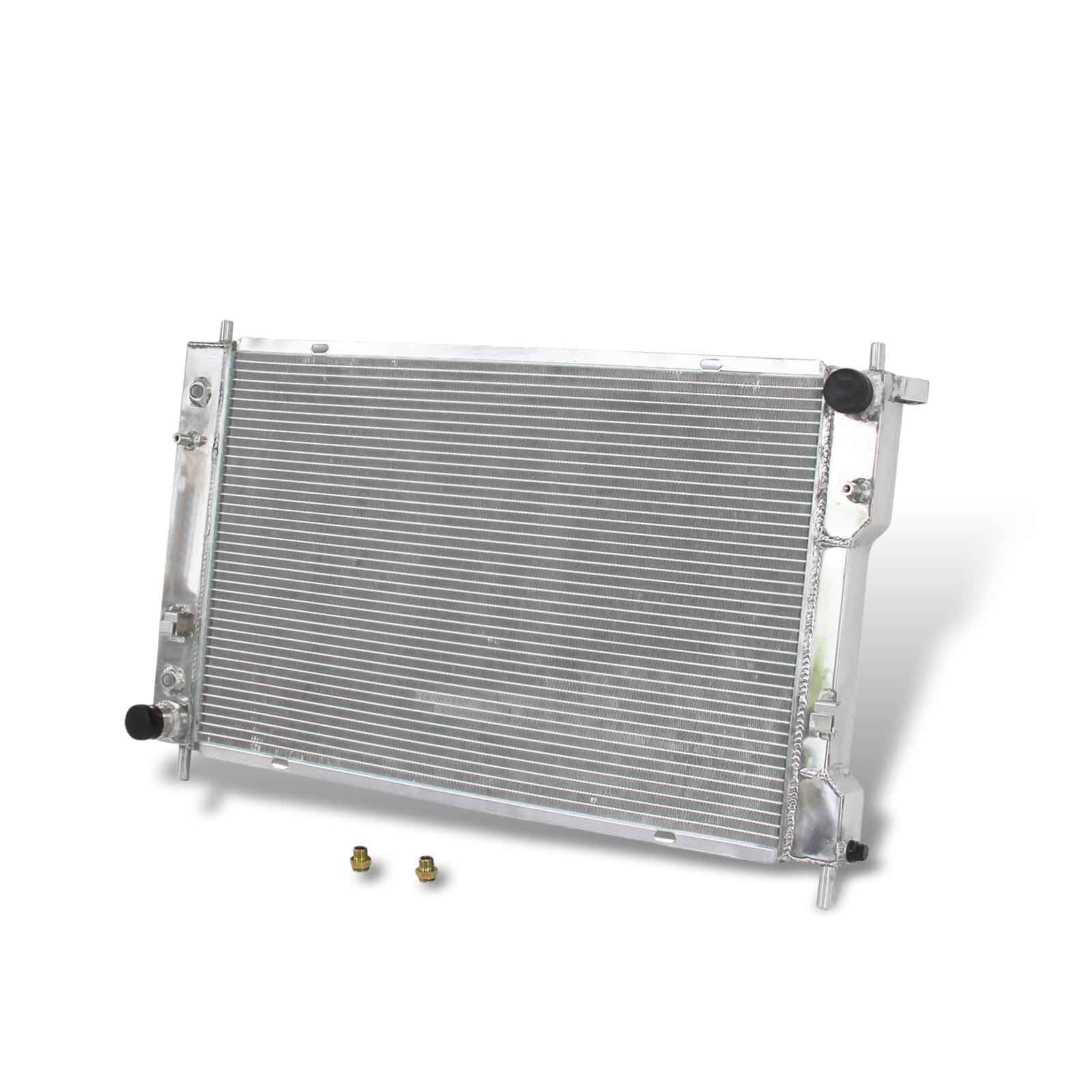 Right side view showcasing the inlet and outlet ports of the 3-row aluminum radiator for 2008-2017 Chevrolet Equinox and GMC Terrain with both 2.4L L4 and 3.6L V6 engines.