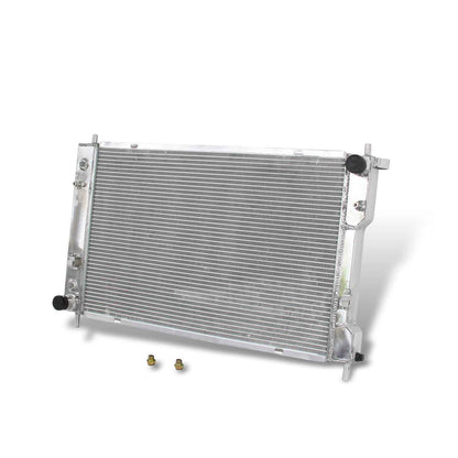 Right side view showcasing the inlet and outlet ports of the 3-row aluminum radiator for 2008-2017 Chevrolet Equinox and GMC Terrain with both 2.4L L4 and 3.6L V6 engines.